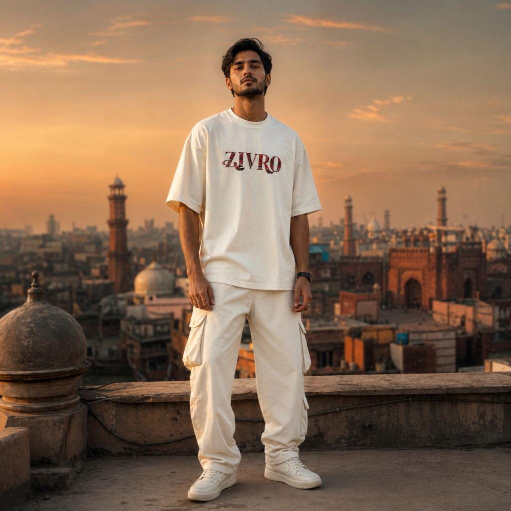 Man in a ZIVRO tee on a Lahore rooftop