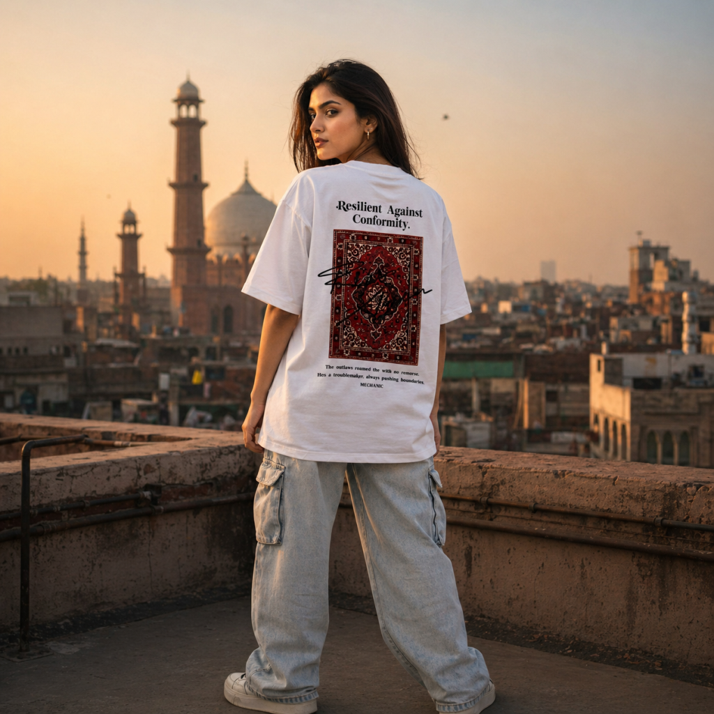 Woman in the ZIVRO Resilient Against Conformity tee on a Lahore rooftop